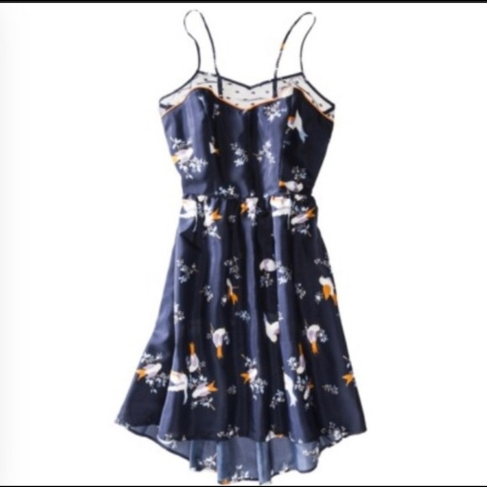 Navy blue silky bird print hi low dress